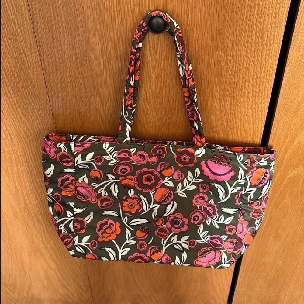 Vera Bradley Floral Quilted Tote Bag in Brown with Pink & Orange Accents
